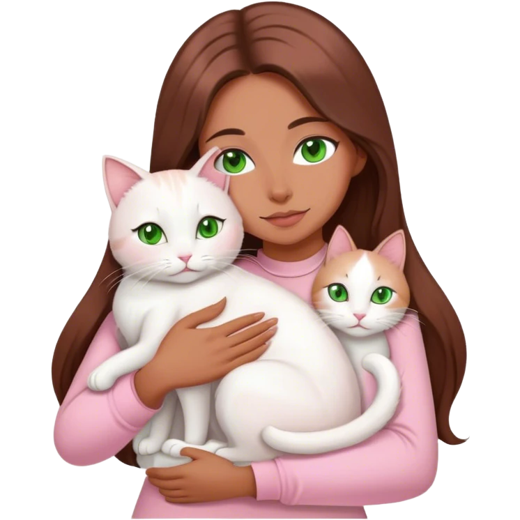 woman with very long brown hair and green eyes in a light pink outfit hugging a white cat emoji