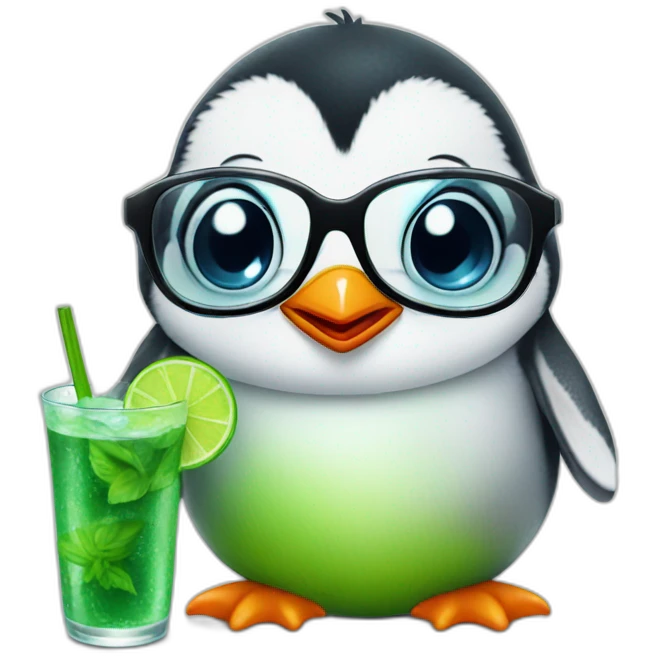 baby penguin with big glasses drinking mojito emoji