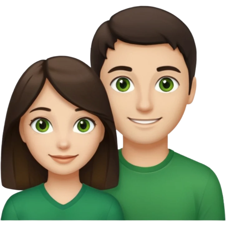 A girl with green eyes and dark hair with her boyfriend with light brown eyes and dark blonde hair and a cavanhaque emoji