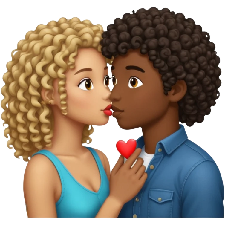 Lightskin boy with curls and a dark skin girl with straight hair kiss emoji