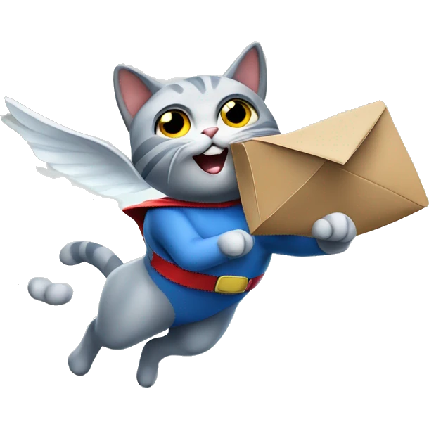super hero cat that is flying and holding an inbox emoji