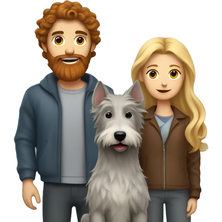 Brunette curled hair girl next to gray wolfhound and blond boy with red beard emoji