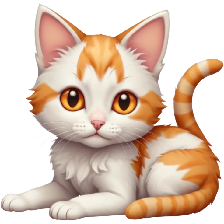 full body of very small + skinny ginger and white kitten with deep orange eyes and triangular shaped face lying down with bent front paws emoji