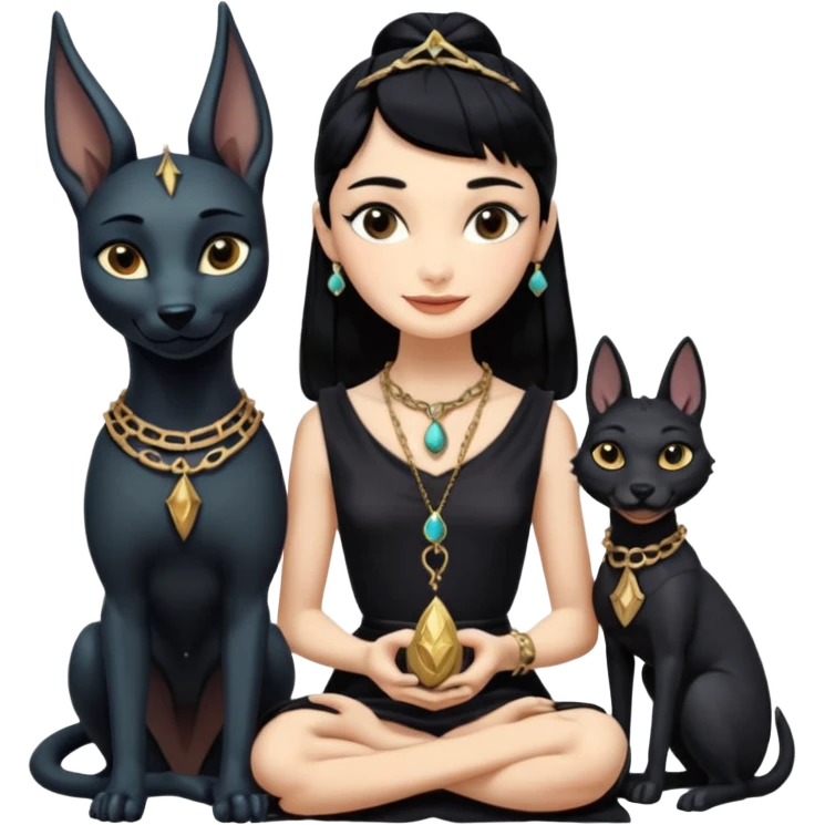 Smiling Witchy-mannered real Audrey Hepburn cleopatra Protecting silky black-haired tiny chained-slave-adorned statuette scale smoky-evil-eyed Anubis dessert scenery stone-age cracked irregular dwelling  emoji