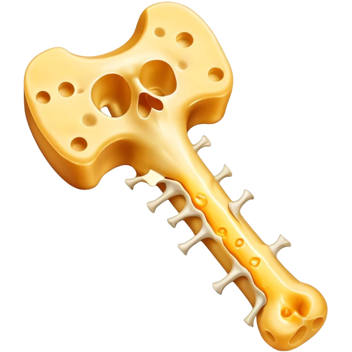 Shredded cheese emitting ethereal golden glow toward a femur bone that shows a healing process with bright golden spots. A luminous K2 vitamin symbol floats nearby, directing the healing energy from the cheese to the specific healing points on the bone. emoji