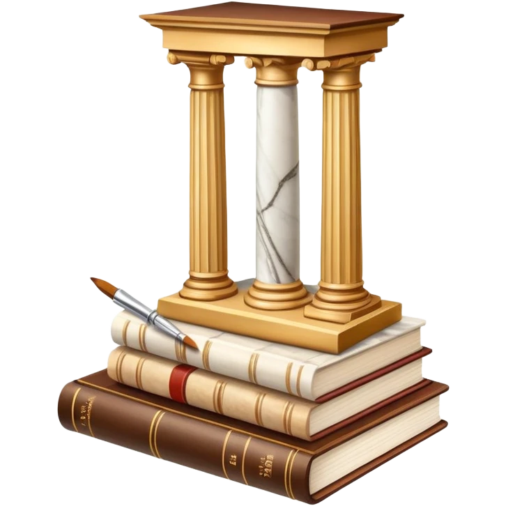 An icon featuring a paint palette, a sculpture, and a book, symbolizing the study of culture and art. The design includes a classical column and a canvas, representing art history and cultural exploration. Transparent background highlights the connection between creativity and history. emoji