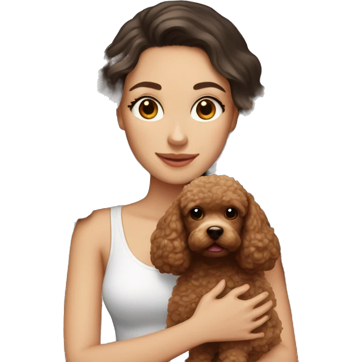 white girl with long dark hair and holding a brown toy poodle  emoji