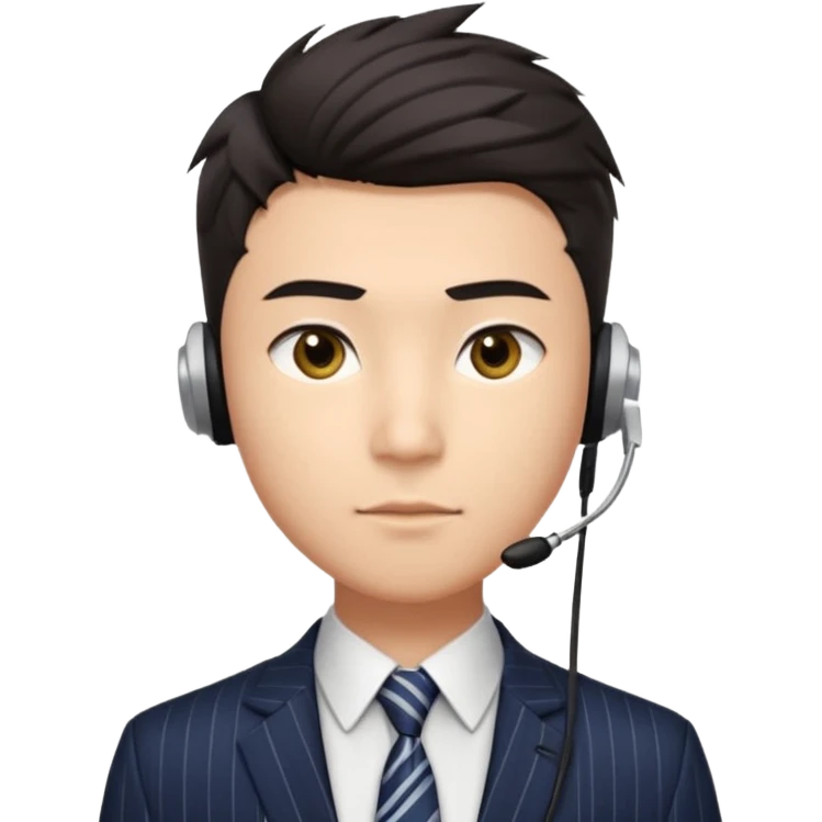 A young Asian man with light skin, short dark hair styled upward with a sharp spiked swoop in front, slightly narrowed almond-shaped eyes with a confident, knowing squint, a clean-shaven face, and a sleek single-ear headset, wearing a dark pinstripe suit with a patterned shirt tie emoji