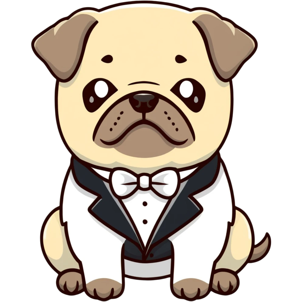 pug in a tuxedo, cartoon sticker emoji