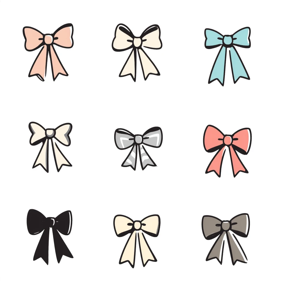 various bow styles including classic, ribbon, double, tied in pastel colors dd9fb0, ffc6d3, a3bfc9, c4bee2, f1b091, hand-drawn doodle style emoji