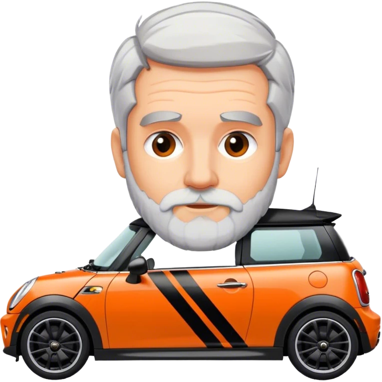 Grey haired bearded man driving a modern orange Mini Cooper with black hood stripes emoji