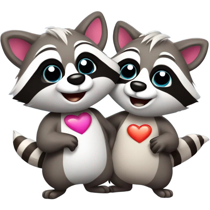 Two male cartoon raccoons in love with hearts above their heads emoji