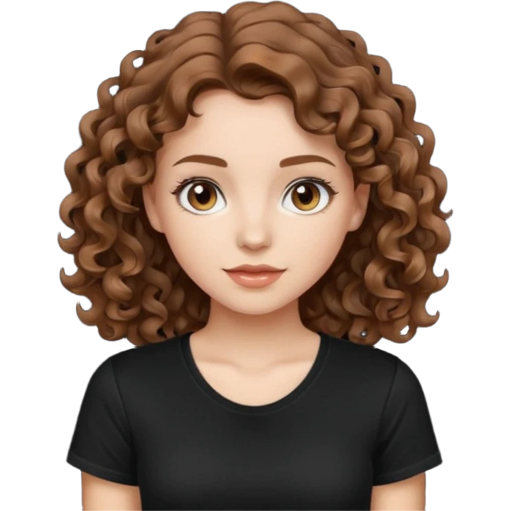 beautiful girl with brown hair and light curls, with light white skin in a black T-shirt emoji
