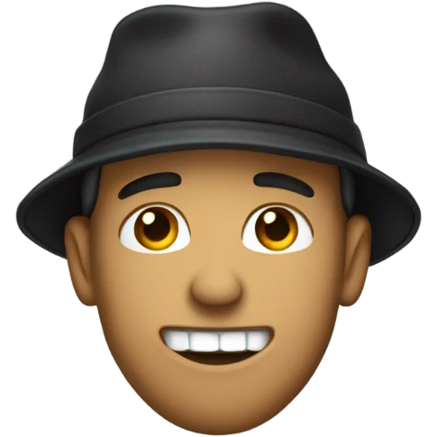 Guy in general emoji style biting lip with teeth showing hand curled under chin with a backwards hat emoji