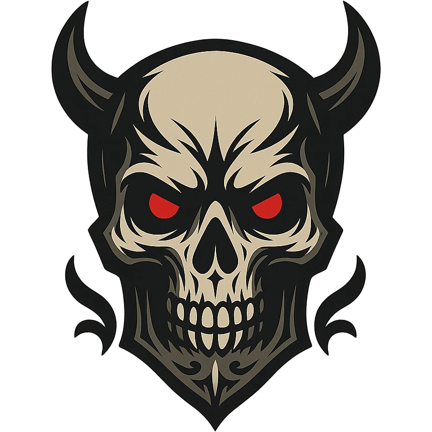 devilish skull logo, red eyes, gothic details, dark color palette, minimal style emoji