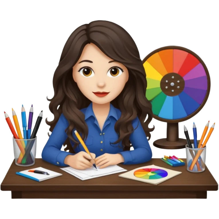 female dark wavy long hair graphic designer , color wheel, pens, papers, desktop emoji