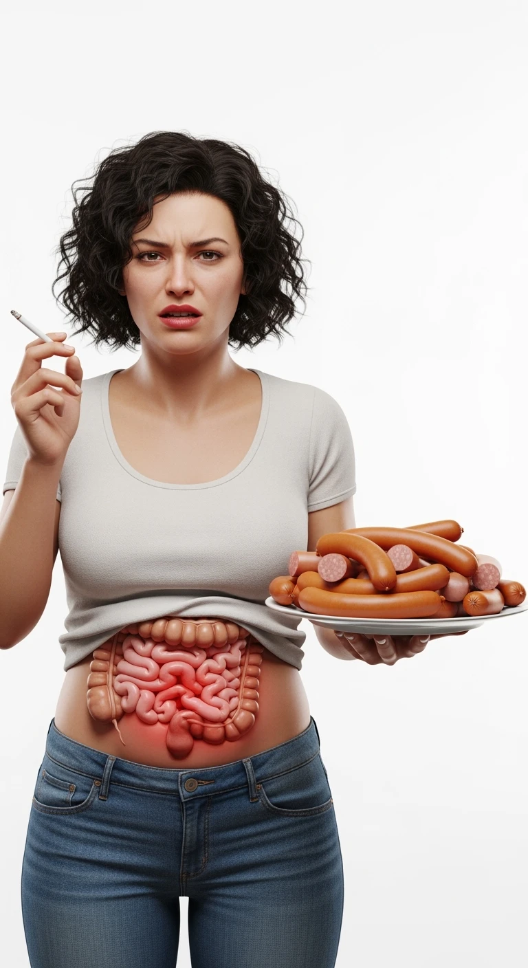 UNA DONNA REALISTICA CON UNA SIGARETTA IN MANO E UN PIATTO PIENO DI WURSTEL E SALSICCE NELL'ALTRA MANO, INTESTINO ANATOMICO INFIAMMATO VISIBILE, MAL DI PANCIA, ISOLATA SU SFONDO BIANCO, IPERREALISTICA 4K emoji