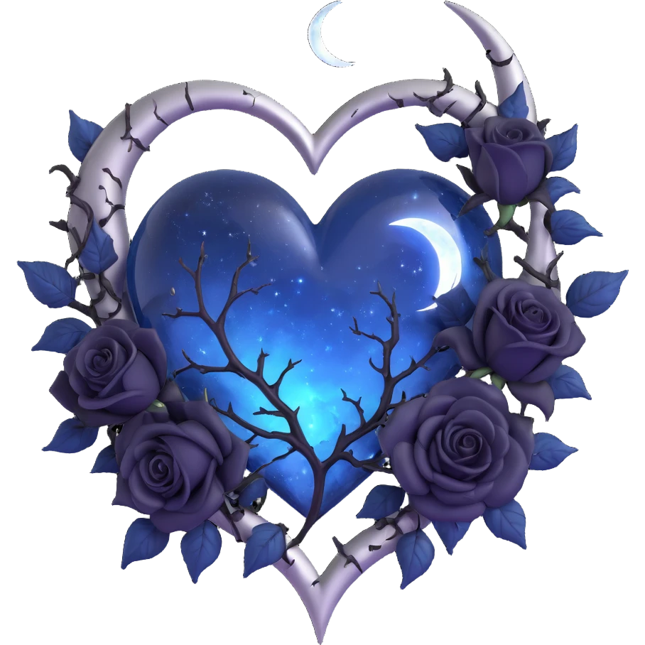 gothic heart, midnight blue glass, silver crescent moon, black roses, stardust, lightning, rain, cracked glass, fantasy dark style emoji