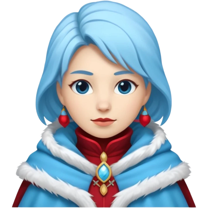 Fantasy human emoji portrait, simple winter mantle with icy blue fur trim and crimson inner fabric, northern winter aesthetic, calm heroic expression, clean flat emoji design, female variant
 emoji