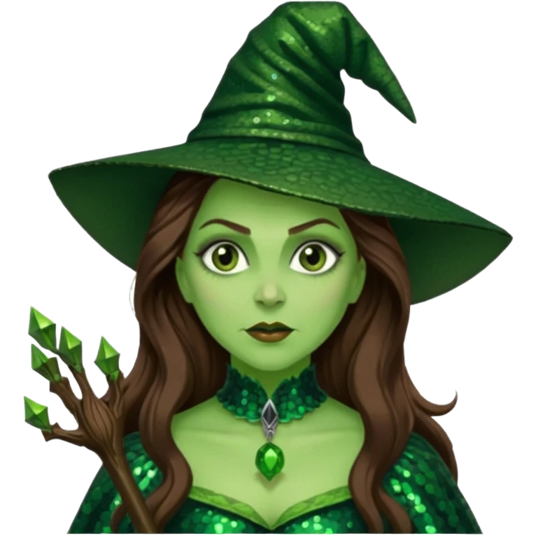 Wicked Witch of the West from the Wizard of Oz with long brown hair, dark green sequin outfit, green skin emoji