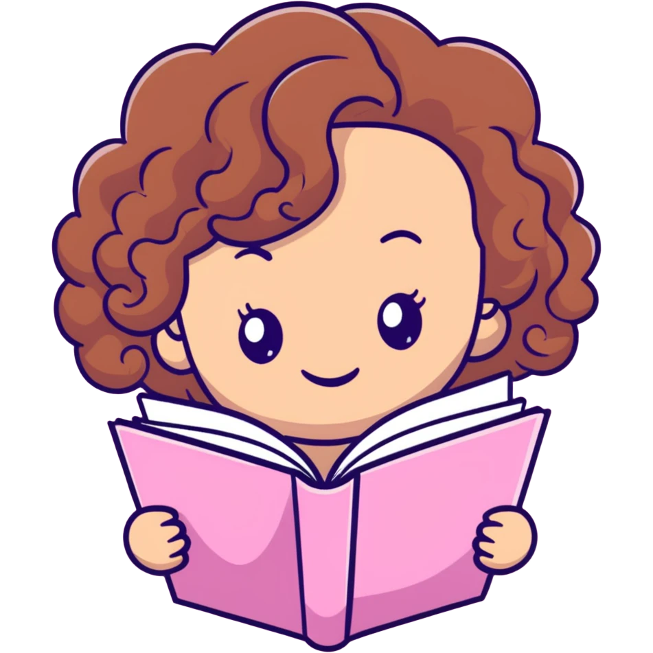girly character with brown soft curly hair reading a pink book emoji