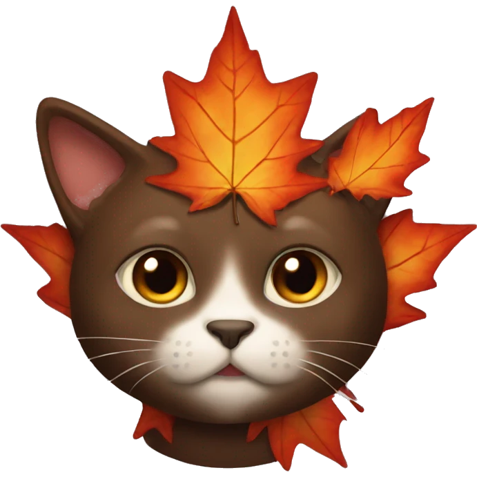 Dark brown cat dressed as maple leaf emoji