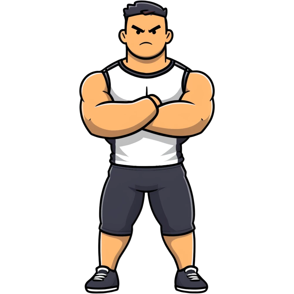 full body bulky male figure standing with arms crossed, muscular build, wearing athletic clothes, serious expression emoji