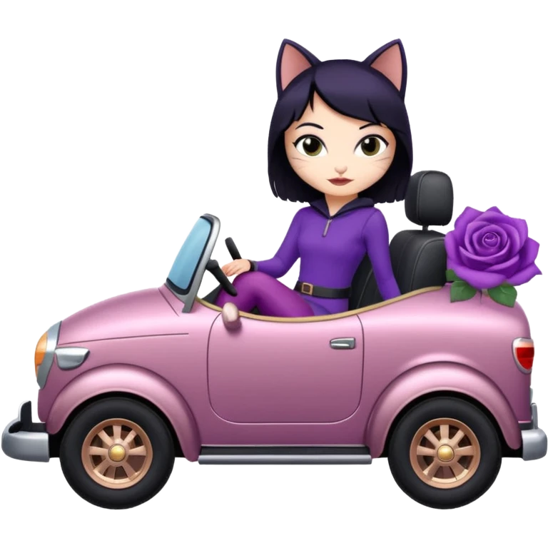Hot full size real-appearance racing action Darkness BatGirl’s midnight-purple tights sixty’s tv show 1992 stealth retro cat burglar sporty petite off-road pursuit mobile cruiser car rose gold accents (black hair,reclined and relaxed seating position and attitude) emoji