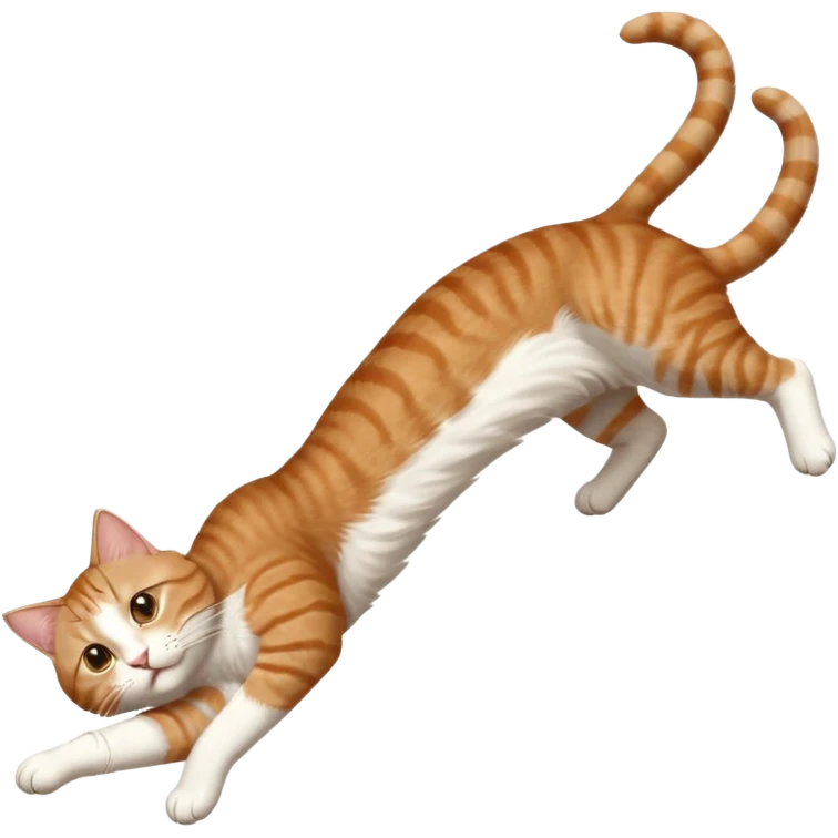 brown tabby and white cat with doing a big extremely long stretch reaching up into the air with arms and legs side by side together straight and overextended whilst lying on its side emoji