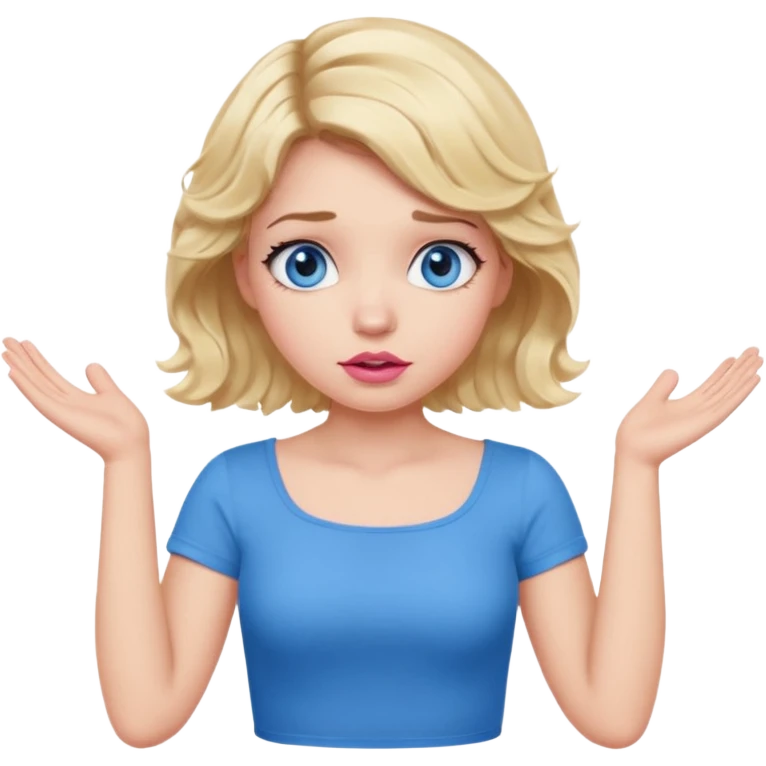 Girl Blonde short wavy hair,  blue eyes, cute blue top, long lashes, pink lips, confused, shrugging hands raised emoji