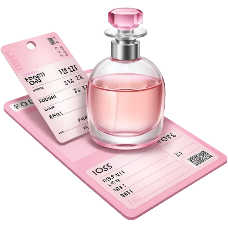 Pastel pink travel-sized perfume bottle on top of a boarding pass, soft lighting emoji