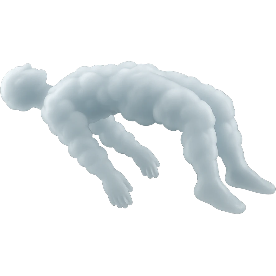 side view of unconscious person flying with torso upwards, legs and arms downwards, made of bright white fluffy clouds, matte glass style emoji