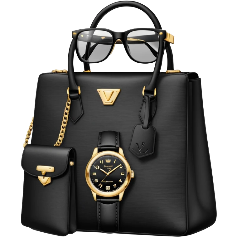 bag and watch, and glasses 1 specfic, all black and white put together like a bundle with no face, all luxury items like lv and prada, and rolex emoji