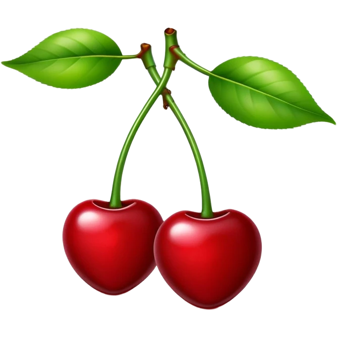 A pair of glossy red cherries with green stem and leaf emoji