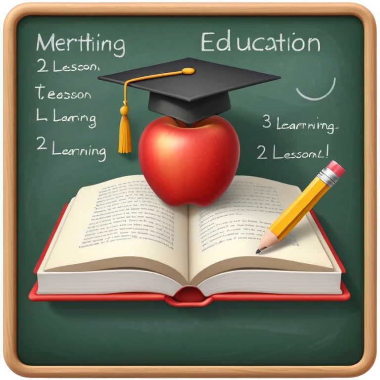 An icon featuring an open book, a pencil, and an apple, symbolizing education and pedagogy. The design includes a chalkboard with a lesson plan and a graduation cap, representing teaching and learning. Transparent background highlights the nurturing of knowledge and growth. emoji