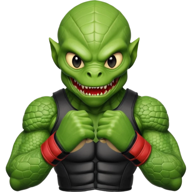 reptilian alien MMA fighter portrait, head and shoulders only, scaled skin, sharp teeth, fighter gloves, battle-ready expression, 3D cartoon, mobile game icon style, clean background, no text, no watermark
 emoji