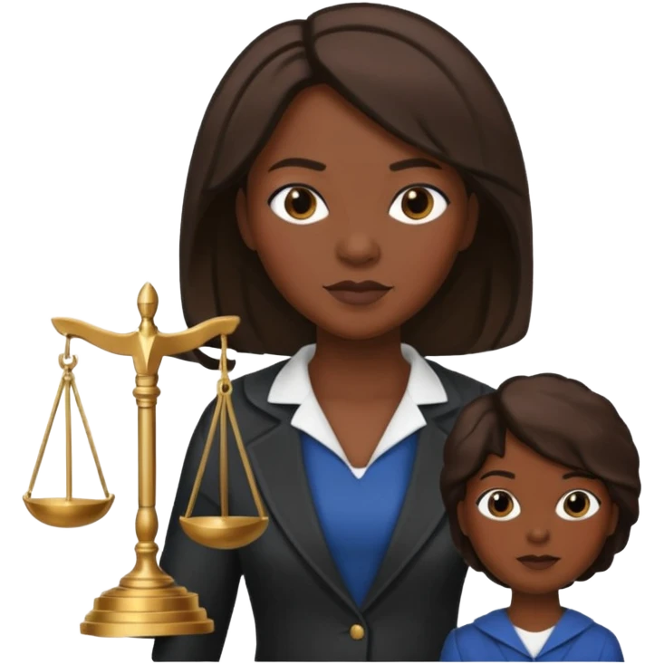 Black teacher/professor looking like the fictional character Annalise Keating from How To Get Away With Murder, holding a statue of justice and with a school board in the background emoji