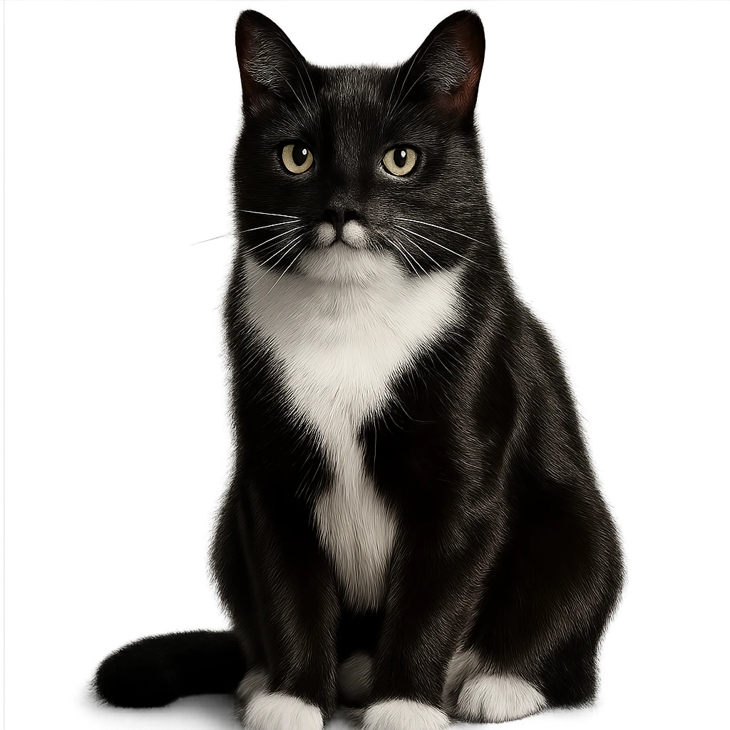 realistic tuxedo cat sitting, glossy fur, white chest, photorealistic emoji