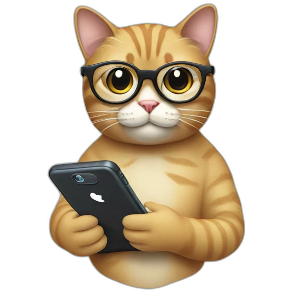 A cat's head in tech-savvy glasses with screens and a phone in its hand emoji