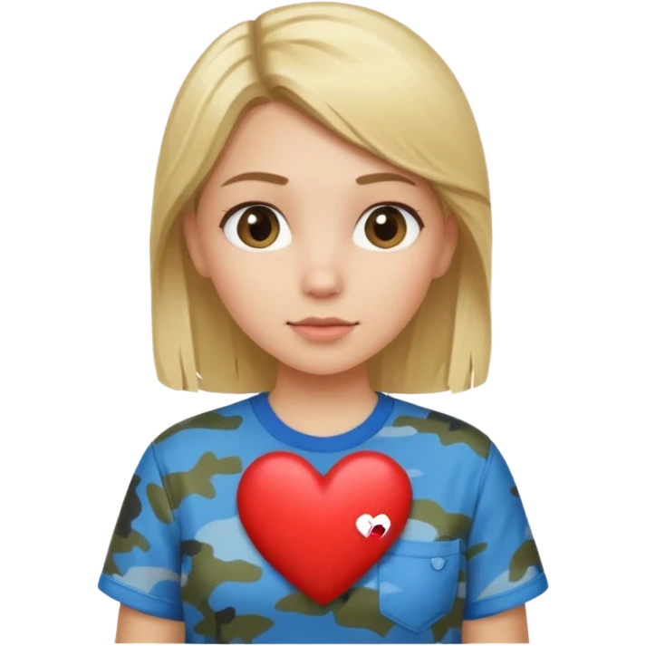 Blonde girl wearing blue shirt holding camo heart emoji