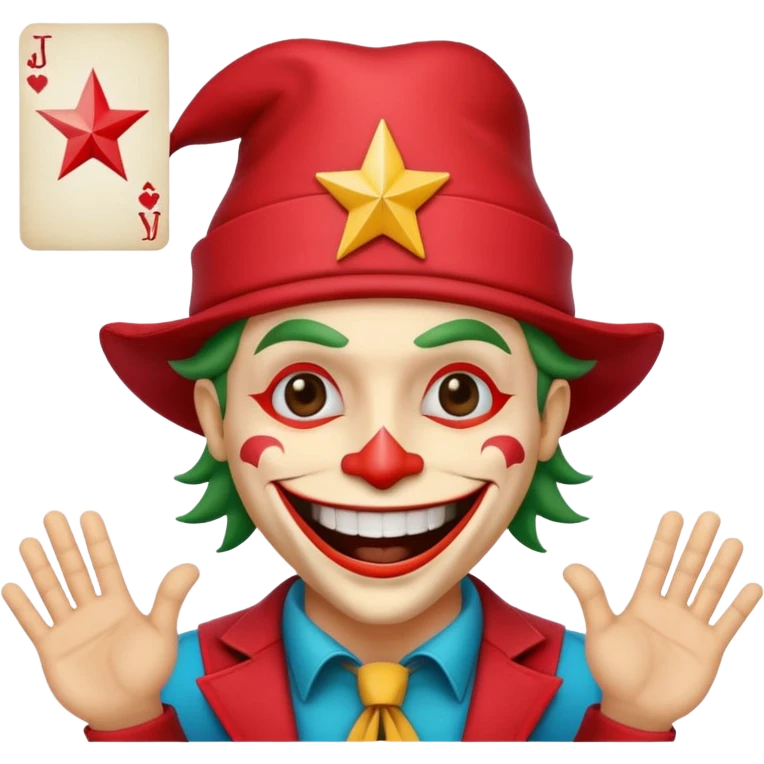 1 poker card, squared, with crazy colorful human jolly joker inside, star symbol with a "J" emoji