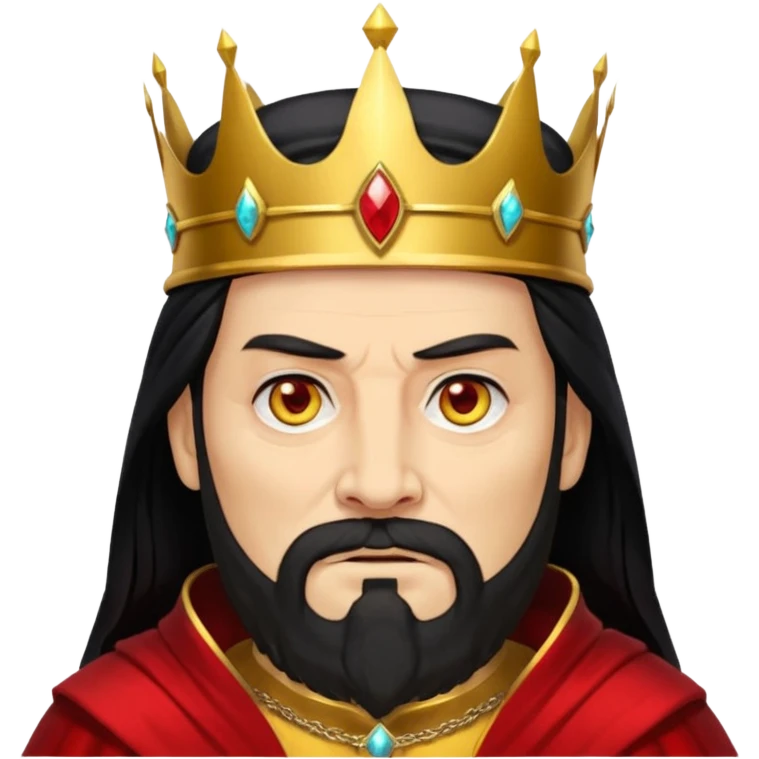 


an old king with yellow skin, red eyes, 60 years old, black hair, black beard, wearing a crown, red robe, fierce face, baron/lord vibe, longer hair cover the face, add scar
 emoji