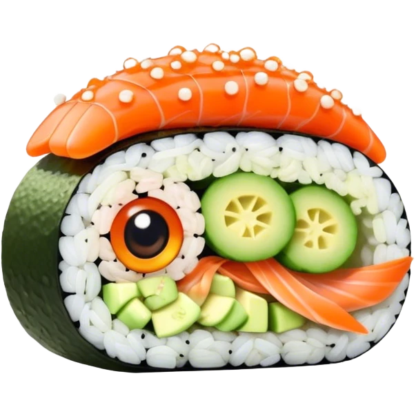 Cute Kawaii California Roll, tiny and round, cute layers of avocado, crab, and cucumber, wrapped in bright orange fish roe, a joyful winking face, tiny sesame seed freckles! emoji