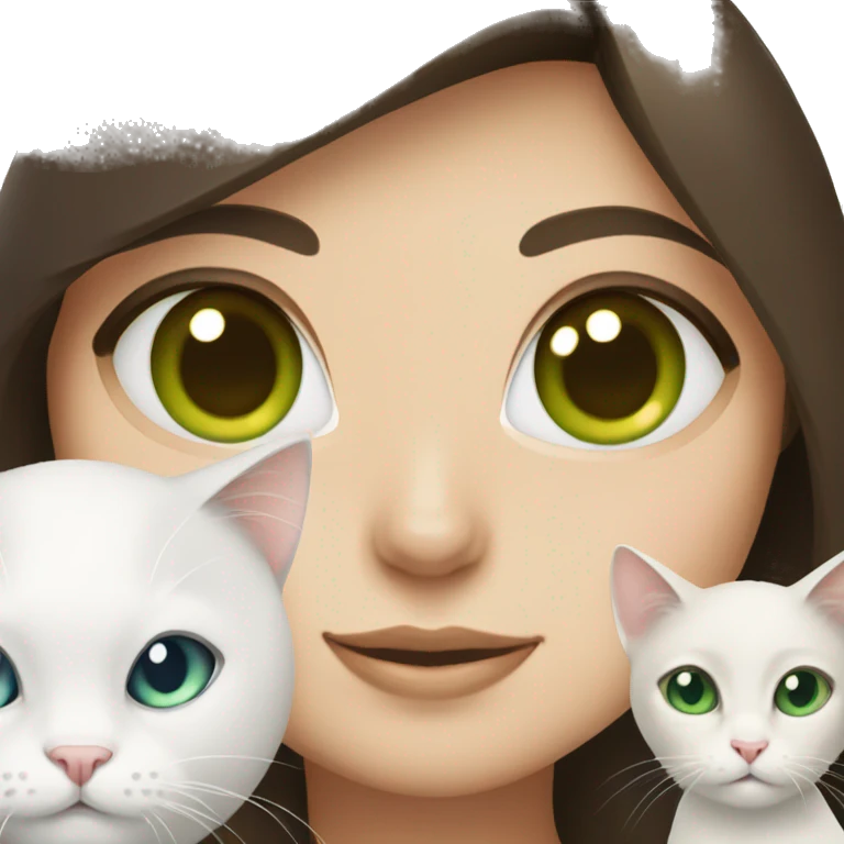 brunette with green eyes holds a white cat with blue eyes emoji