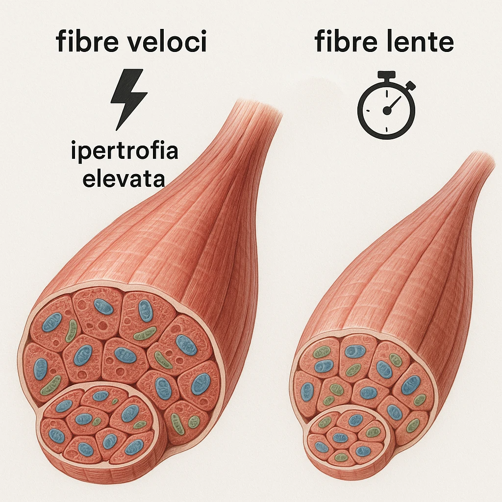 hyper realistic illustration comparing fast and slow muscle fibers, with Italian labels 'fibre veloci', 'ipertrofia elevata', power icons, cellular details, educational atmosphere, white background emoji