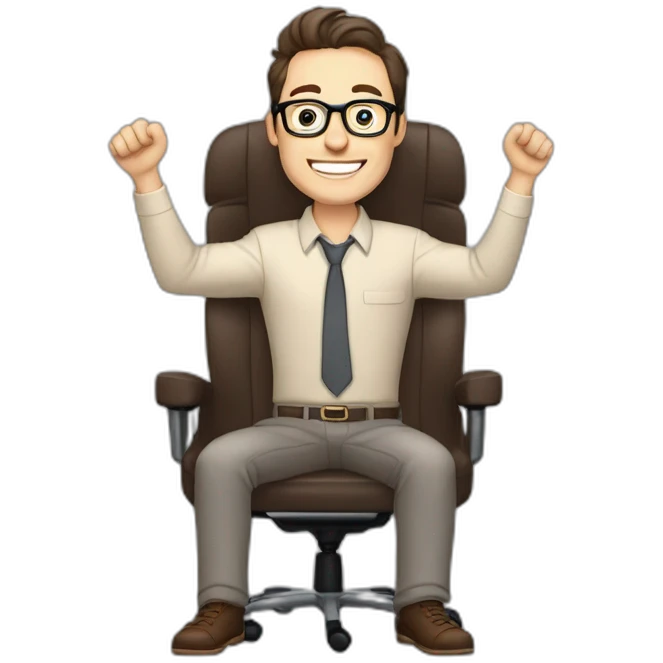 Joyful Celebrating victory Hands up Pale skinned Fit Man With dark brown hair in gray jacket, beige office shirt, Brown pants and vintage glasses sitting In a soft chair emoji
