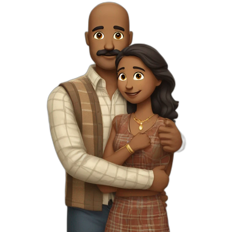 Tall white man wearing plaid with brown hair and a brown mustache hugging a very short Indian woman emoji