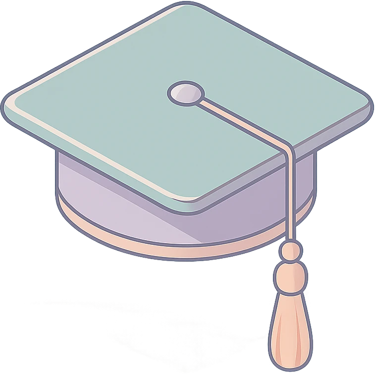 academic graduation cap with long tassel, 2D isometric style, clean lines, soft shadows and highlights, minimalist eastern accent, pastel palette #98B5BC, #B5B3C1, #C9A3C9, #E4C0CA, #F7DCD1, #F7C0AA, transparent background emoji