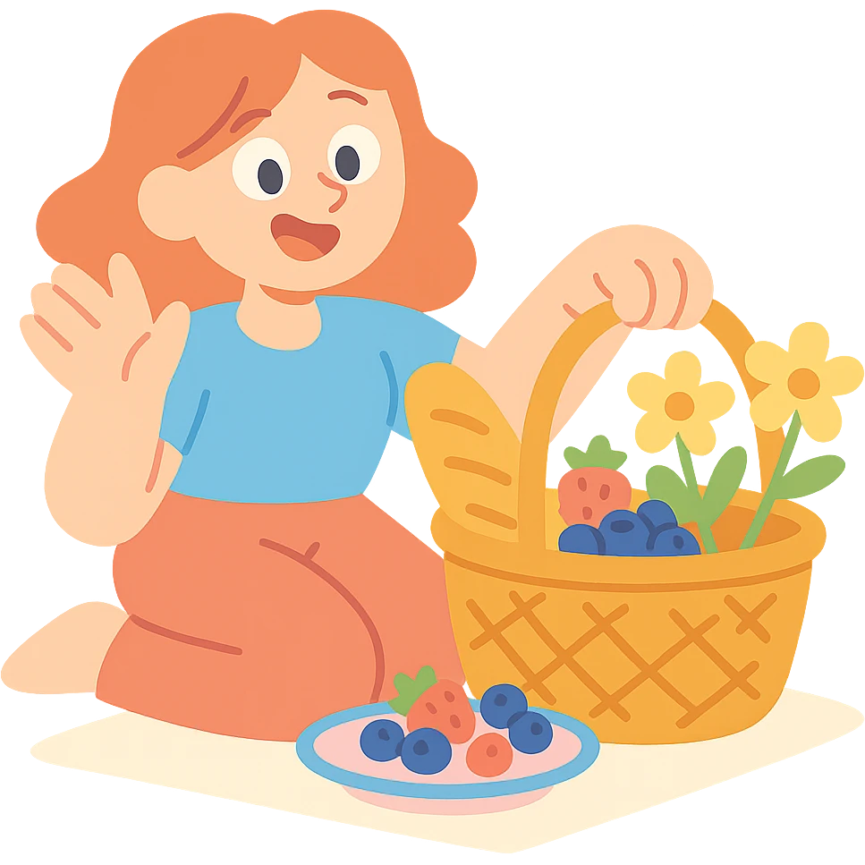 picnic basket with berries, bread, and flowers in warm pastel shades, pastel-toon style emoji