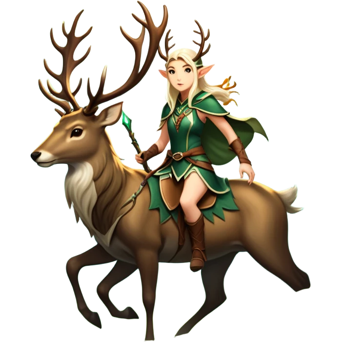 An icon representing an adventure game, inspired by high-fantasy RPGs. The design features a swift and agile elven ranger riding a majestic stag through an ancient forest, its antlers glowing faintly with mystical energy. Sunlight filters through towering trees, creating a sense of mystery, nature, and adventure. Transparent background. emoji